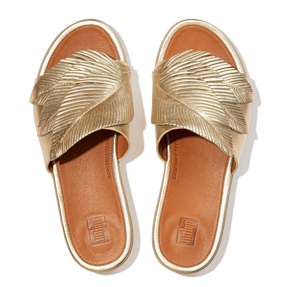 Fitflop Womens Slides Gold - Sola Feather Metallic Leather - KU6375248